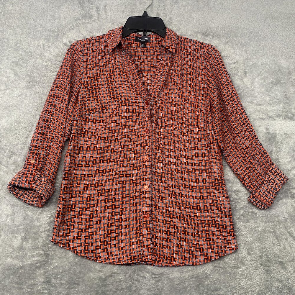 Women's The Limited XS Blouse Long Sleeve Orange Navy Blue Retro Geometric